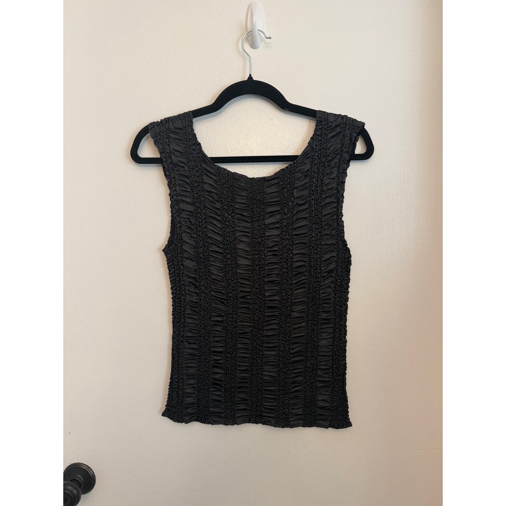 VTG Y2K Dressbarn Black Smocked Popcorn Pleated Scoop Neck Tank Top Small - Picture 2 of 4